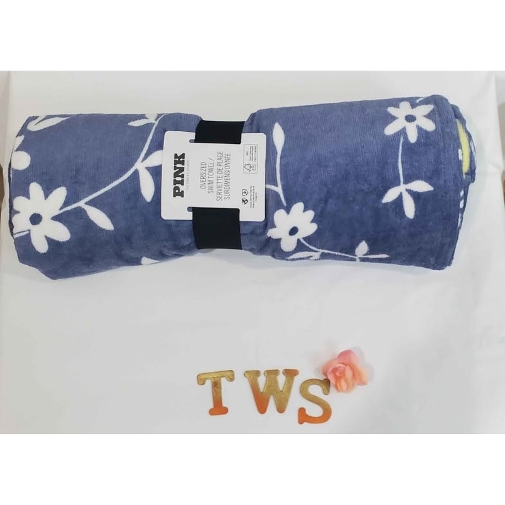 Victoria's Secret PINK Oversized Swim Towel Blue Floral Leaf Logo 39x71 NWT